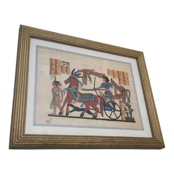 Other - Egyptian Papyrus Art Hand Painted Pharaoh Chariot Scene Gold Framed 12.5x10.5